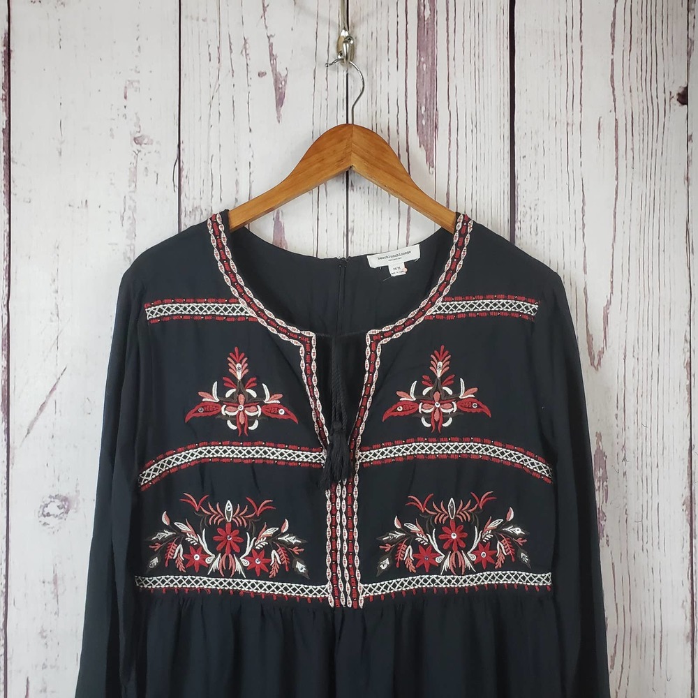Beach Lunch Lounge Dress Womens Size Medium Floral Long Sleeve Rayon Black
